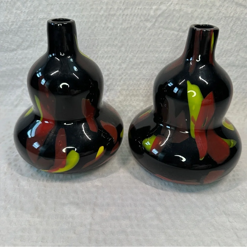 Stunning PAIR Vtg Murano Style Art Glass Vases Black Gourd Shape Red Green MCM